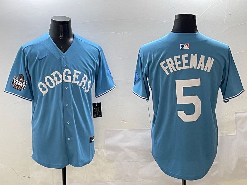 Men Los Angeles Dodgers 5 Freeman Light Blue Throwback Game 2025 Nike MLB Jersey style 14